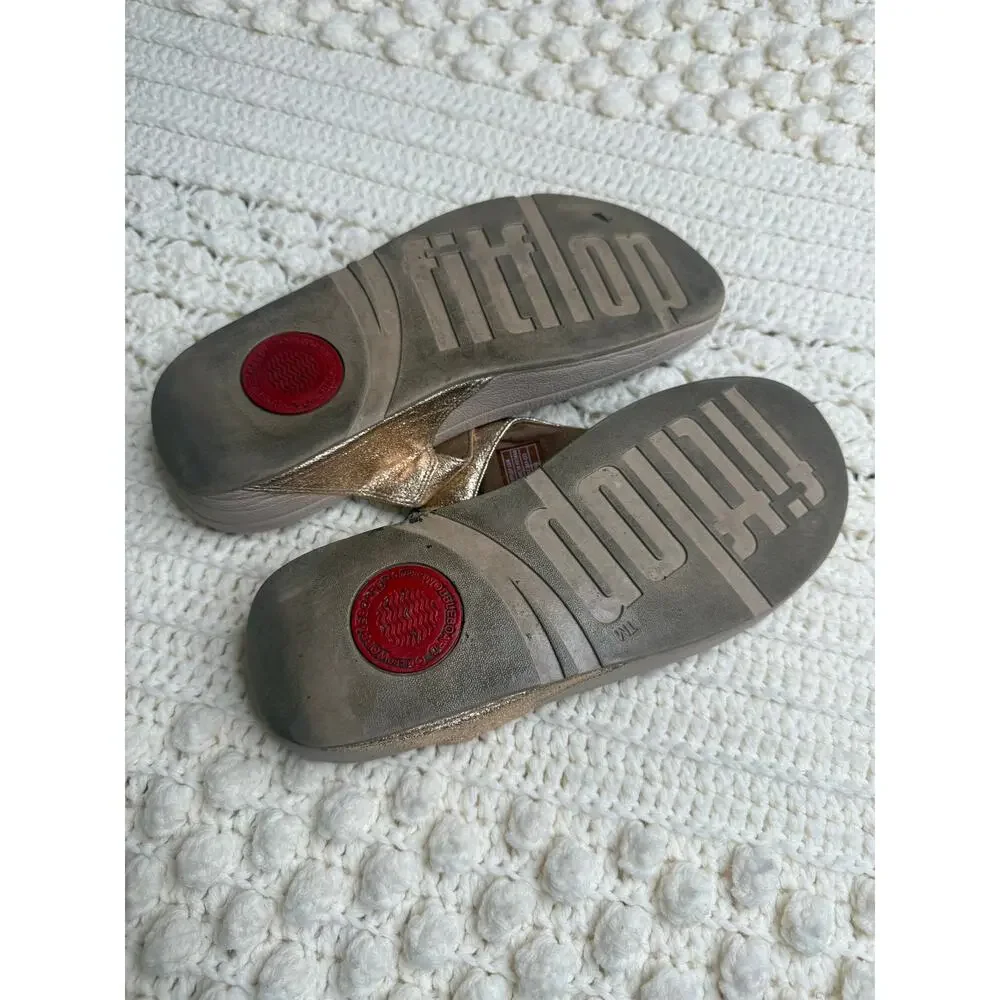 FITFLOP Women's 9 LULU Leather Toe Post Sandal Shoes Pink Rose Gold Glitter